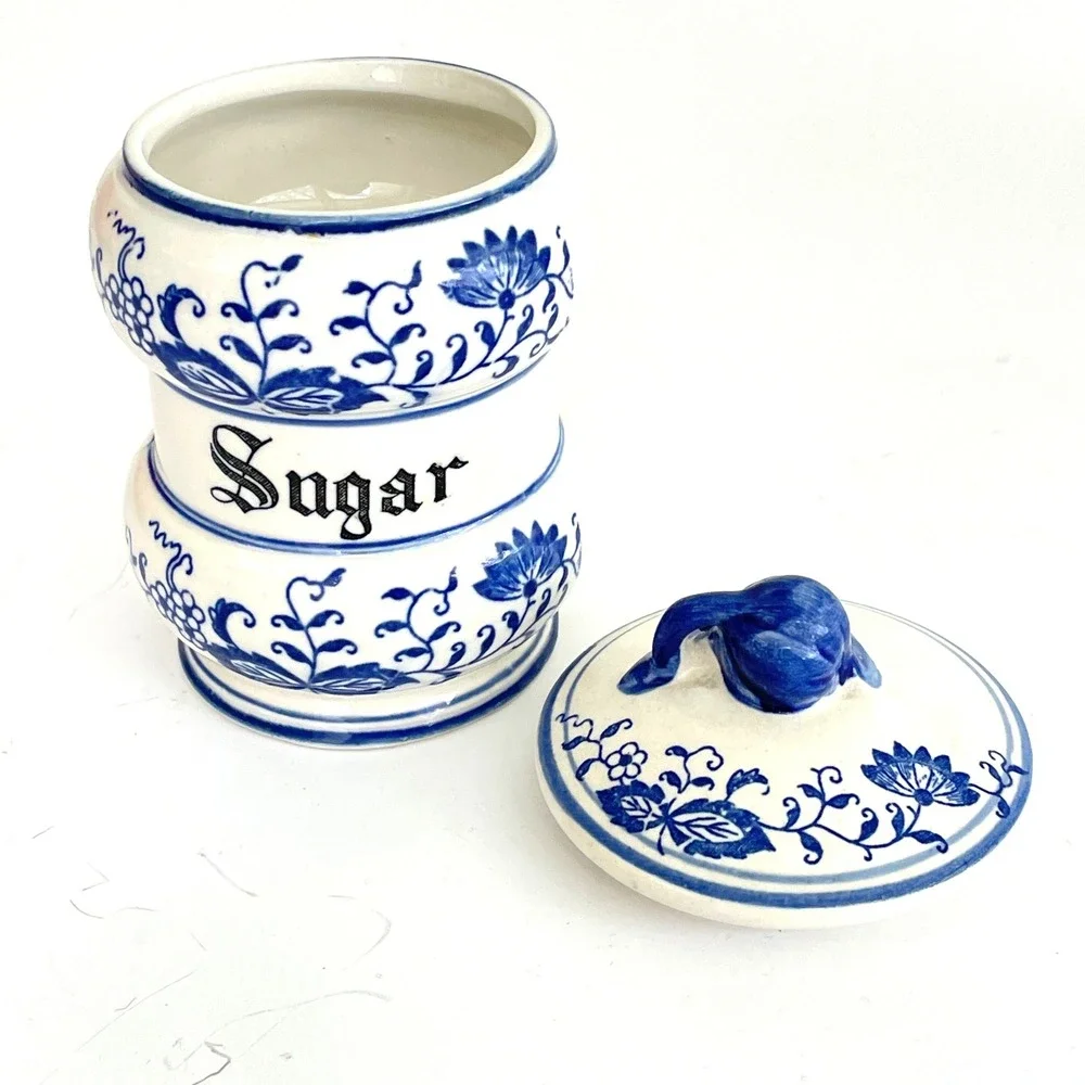 Vintage Blue and White Onion Pattern Ceramic Sugar Canister with Lid